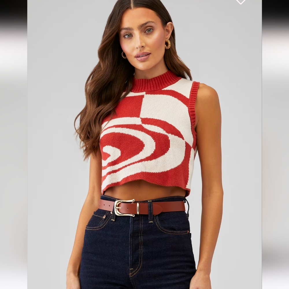 C/MEO Collective - Red and White Motion Knit Crop Top, SZ M, in great condition